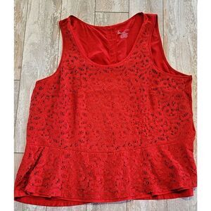 Lane Bryant 18/20 Women's Tank Top Red Blouse Lace Overlay Peplum Zip Back 1X‎